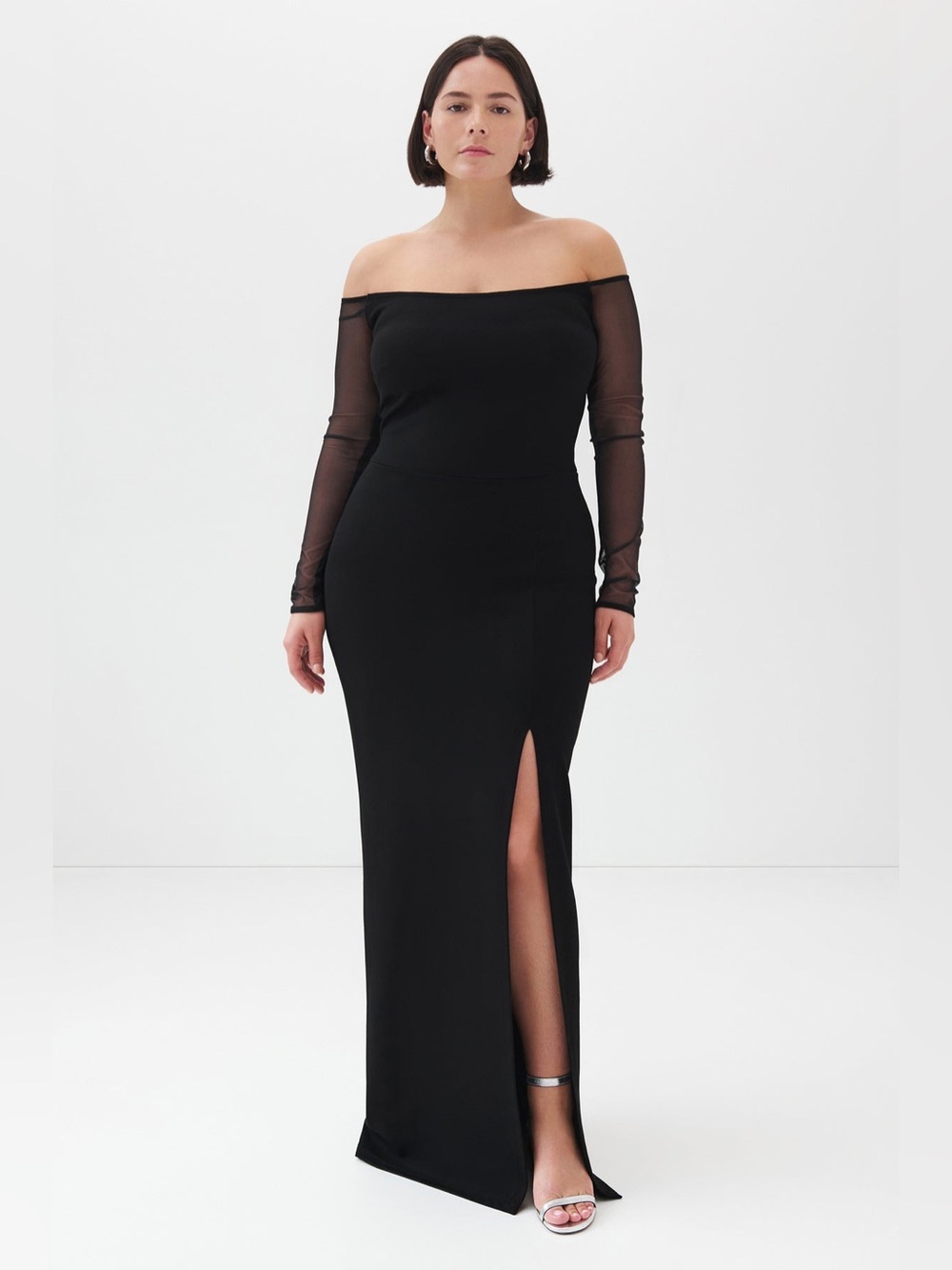 NWT Marcella NYC Marian Off-Shoulder Mesh Sleeve Maxi Dress